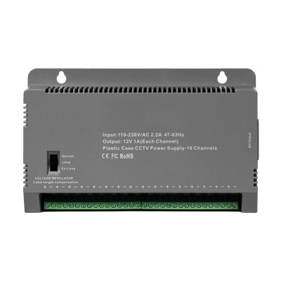 Блок живлення Kraft KRF-1216B (16CH) 200W, 16 каналів навантаження, 12V/1A на 1 канал, з регулятором напруги для компенсації довжини кабелю