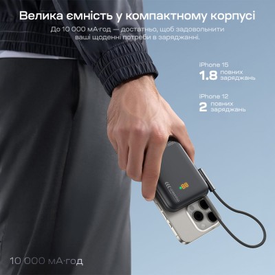 Повербанк 10000mAh Choetech B735 Black QC3.0 PD3.0 бездротова магнітна зарядка, вбудований кабель, підставка