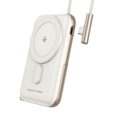 Повербанк 10000mAh Choetech B735 White QC3.0 PD3.0 бездротова магнітна зарядка, вбудований кабель, підставка