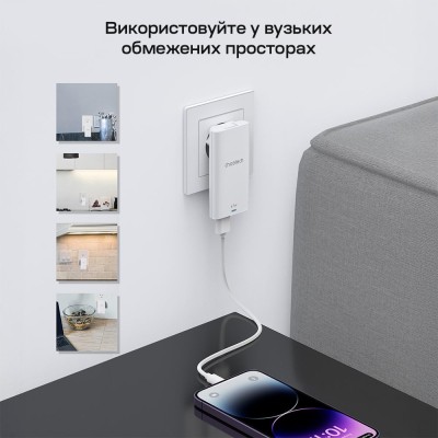 Мережевий зарядний пристрій Choetech PD6011 Ultra thin PD67W GAN A+C White