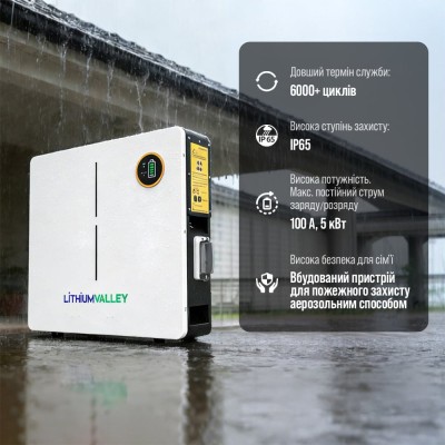 Акумуляторна батарея літій-залізо-фосфатна LiFePO4 100А*год 51.2В 5120Вт*год Lithium Valley LV-BAT-W5.12Ac настінний монтаж